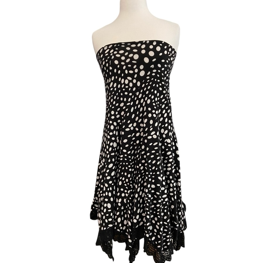Joseph Ribkoff designer strapless dress lightweight jersey black white dots US6